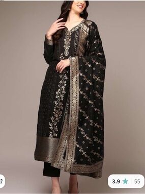 Embroidered Black & Gold Long Ethnic Kurta with Dupatta